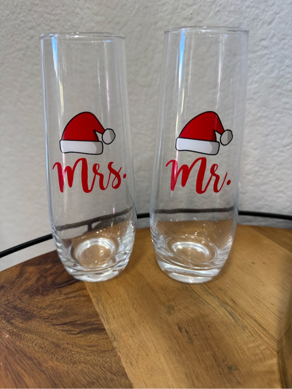 Mrs. and Mr. Holiday Champagne Flute Set - Red Santa Hat Accent